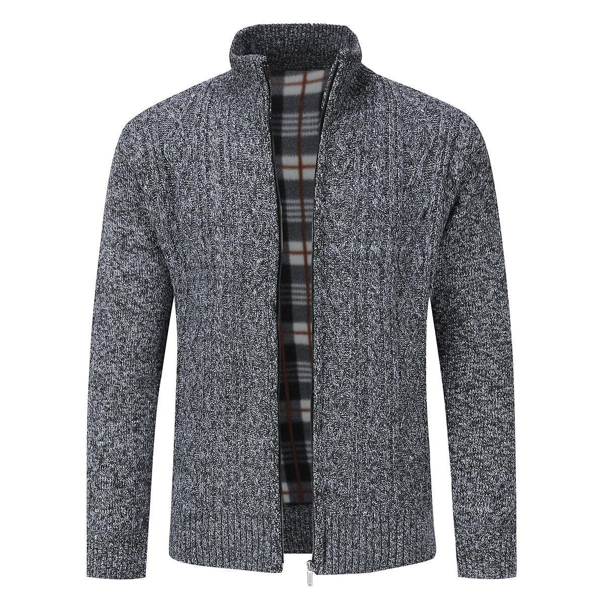 Sliktaa Mens Knitted Cardigan Thick Sweater Full Zip Stand Collar Warm Jumper Fleece Lined Winter Coat Dark Grey L