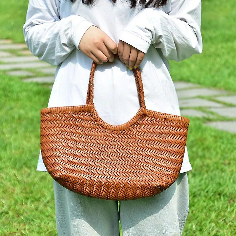 Bicaco Dragon Diffusion French Vintage Woven Bag Genuine Leather Woven Vegetable Basket Ins Hot Selling Internet Celebrity Women's Bag 18039W brown