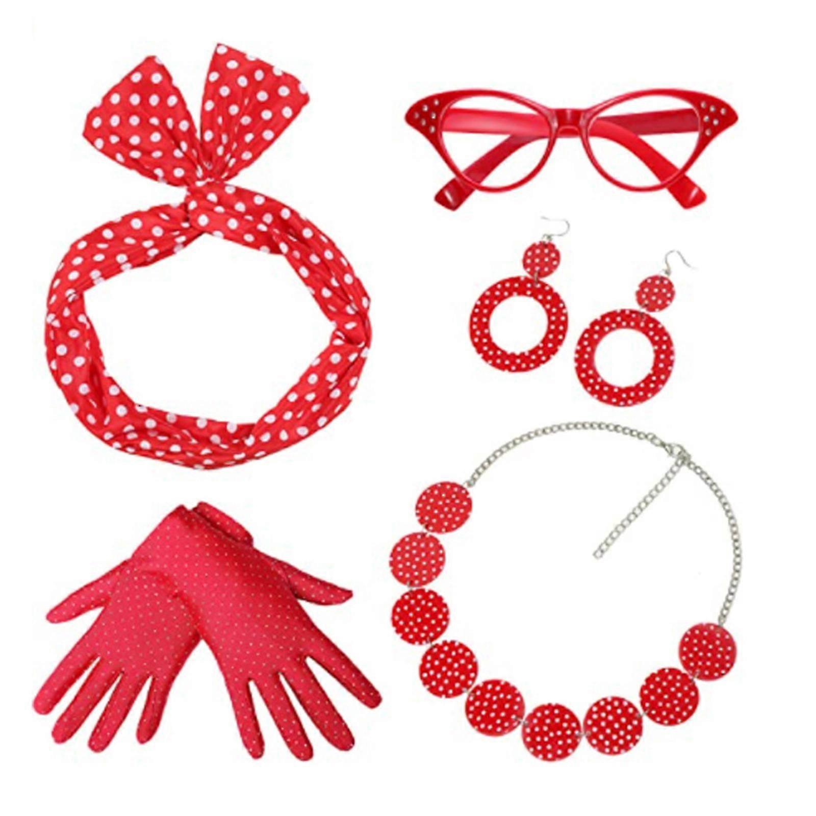 Unbrandded 50's Costume Scarf Polka Dot Headband Earring Cat Eye Glasses Chiffon Scarf - SNNGV Red necklace set