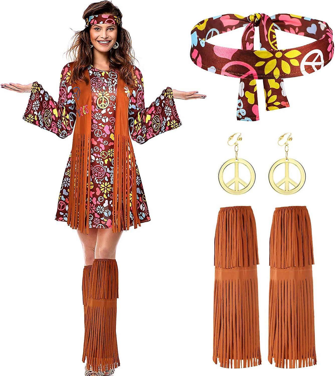 Morakot Women Hippie Costume Set Peace Sign Earring Necklace Headband Dress Ankle Socks Red Floral Medium