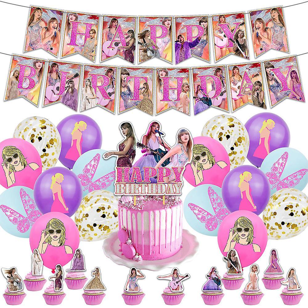 Ochime Taylor Swift Themed Pink Birthday Party Supplies Decoration Kit Banner Balloons Cake Cupcake Toppers Set