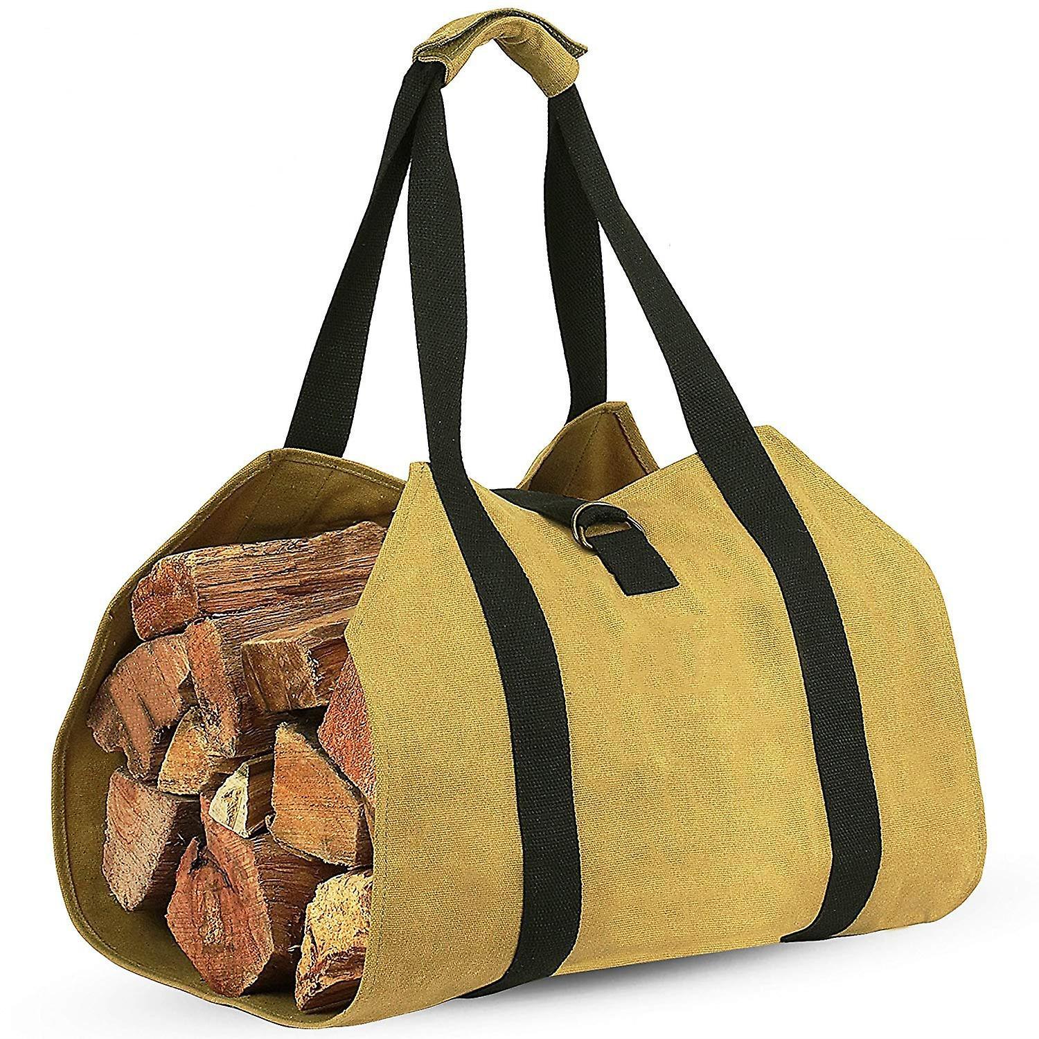 Sztxj Large Canvas Log Carrier Bag (Khaki), Heavy Duty Waxed Fireplace Firewood Tote Bag for Indoor Wood Stoves and Outdoor Camping