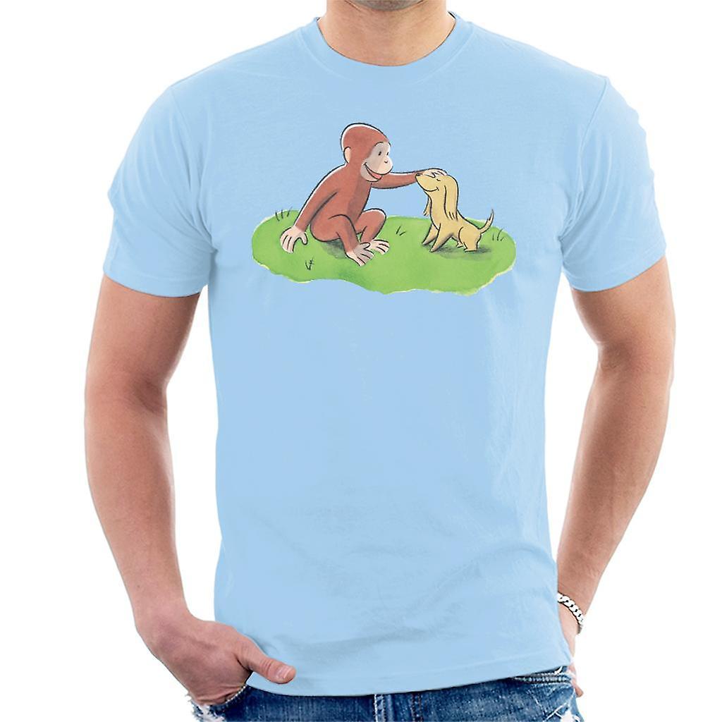 Curious George Stroking Dog Men's T-Shirt Sky Blue X-Large