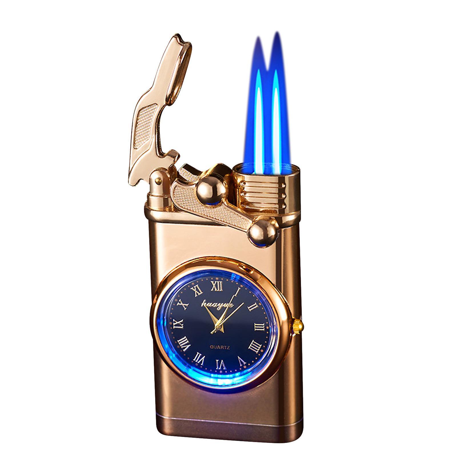 Shency Double Fire Switching Lighter With Quartz Watch Metal Inflatable Windproof Blue Flame Lighter Fashion Gift B