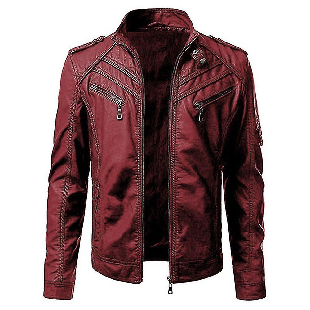 Allthemen Mens Four Season PU Leather Zipper Motorcycle Jacket Red 2XL