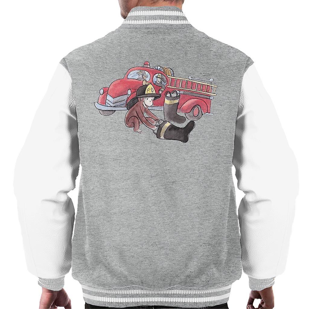 Curious George Balloon Fire Department Truck Men's Varsity Jacket Heather Grey/White Small