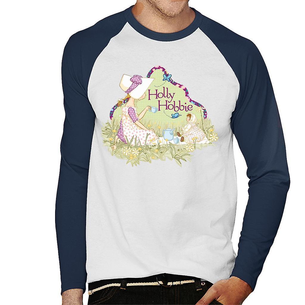 Holly Hobbie Tea Party Men's Baseball Long Sleeved T-Shirt White/Navy Small