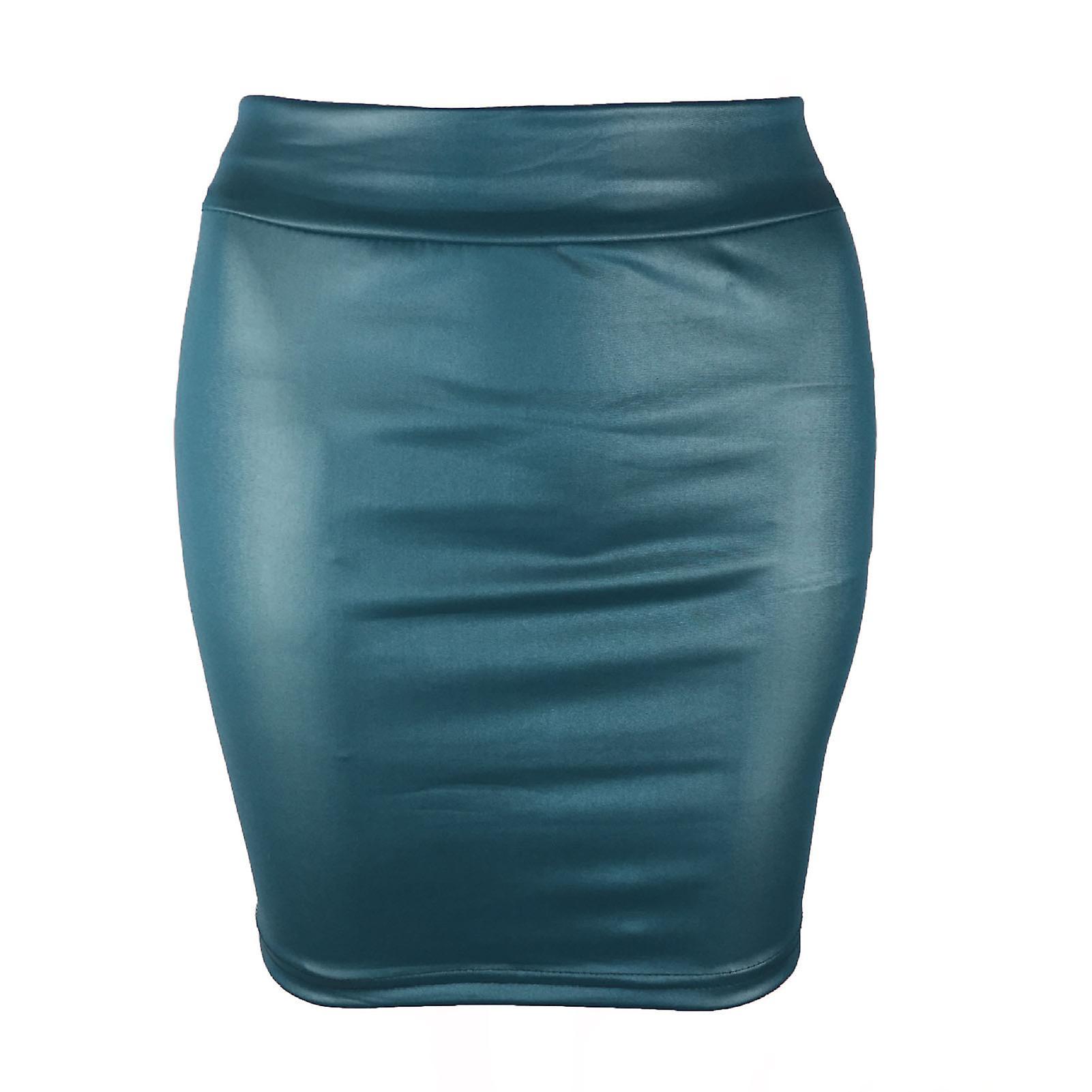 Fianao Women Mini Skirt Solid Color High Waist Slim Fit Skinny Matte Faux Leather Cozy Commuter Bodycon Skirt Streetwear Blue M