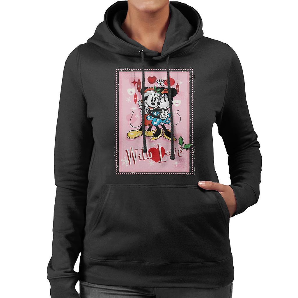 Disney Christmas Mickey And Minnie Mouse With Love Women's Hooded Sweatshirt Black X-Large