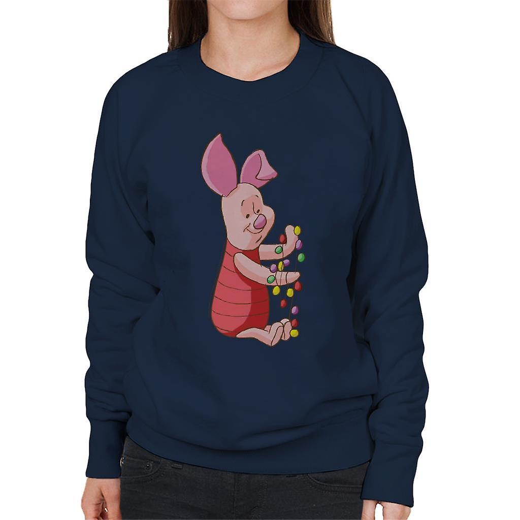 Disney Christmas Piglet Holding Festive Lights Women's Sweatshirt Navy Blue X-Large