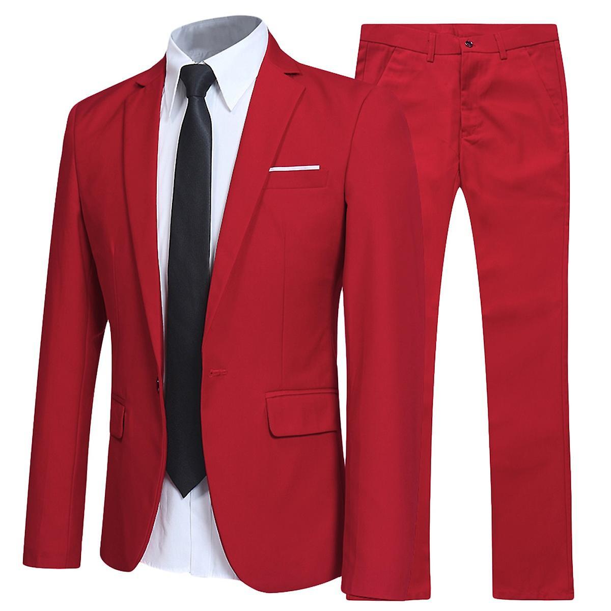 Allthemen Mens Office Slim Suit 2-Piece Business Wedding Suits Blazer and Pants Red 3XL