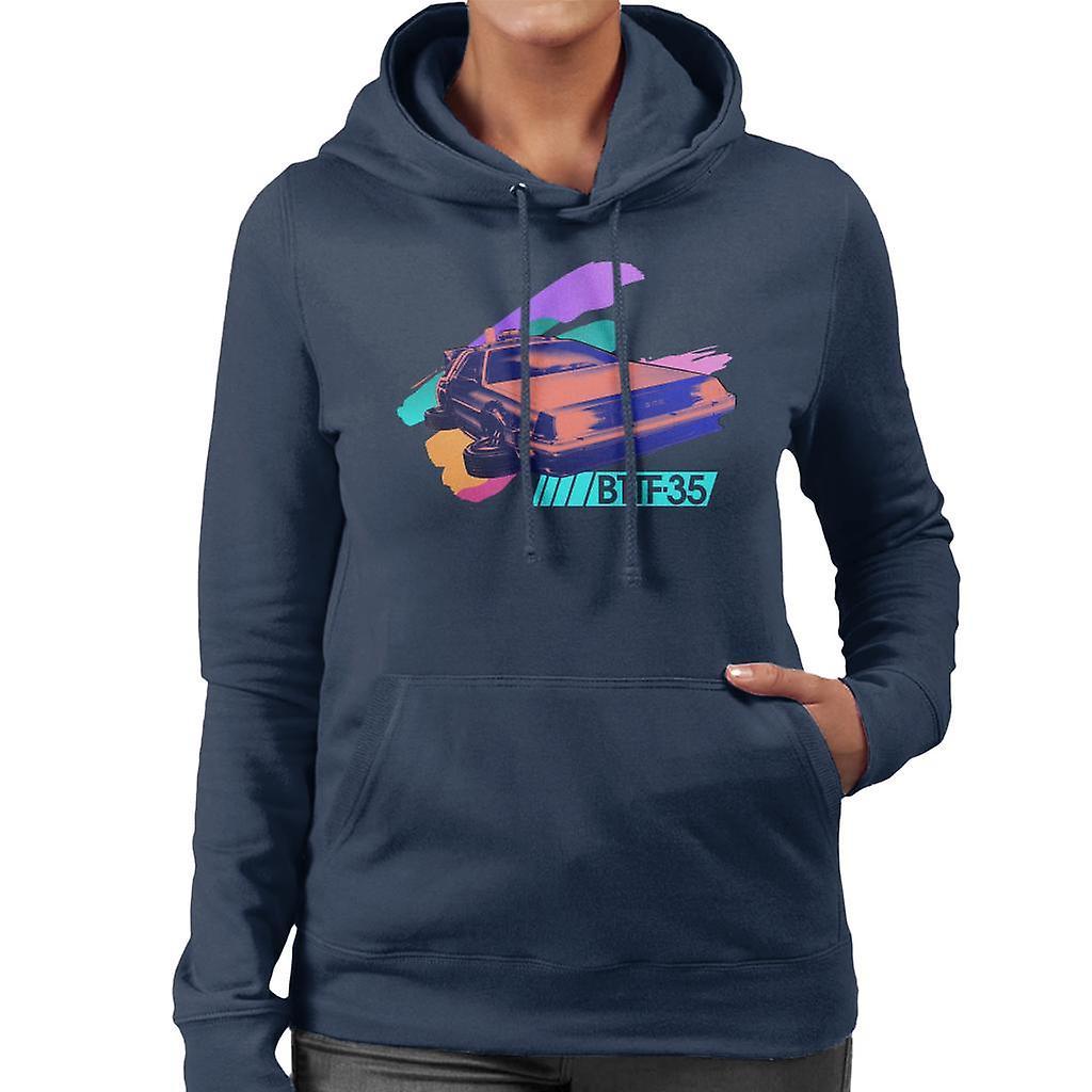 Back to the Future 35th Anniversary Delorean Flying Women's Hooded Sweatshirt Navy Blue Medium