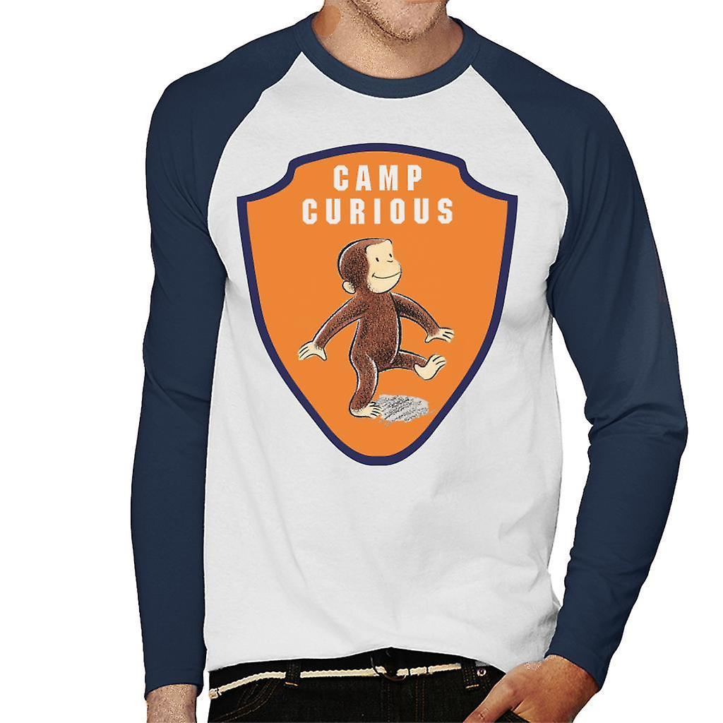 Curious George Camp Badge Men's Baseball Long Sleeved T-Shirt White/Navy Medium