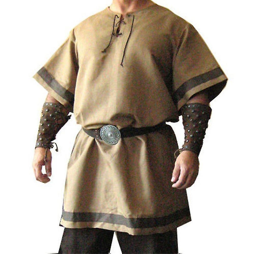 Sfygv Men Medieval Costume Cosplay Party Renaissance Tunic Viking Knight Pirate Vintage Warrior Shirts Khaki L