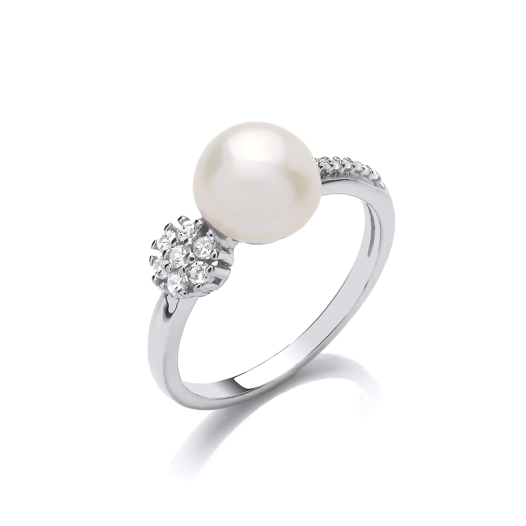 Silver CZ Pearl Full Moon Cluster Dress Ring 9mm - GVR876