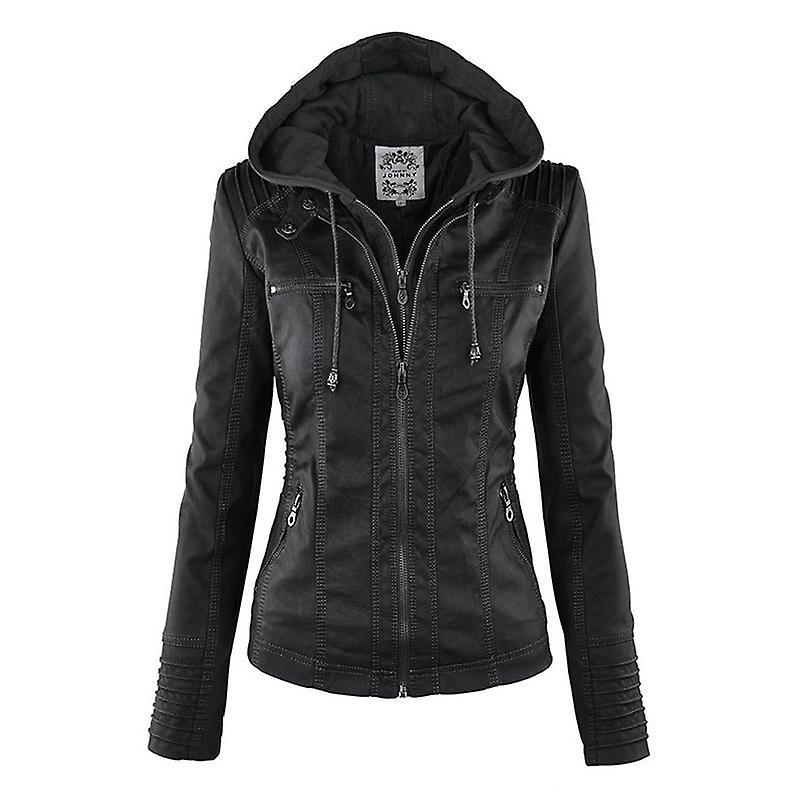 Barsinfi Faux Leather Jacket Women Basic Jacket Coat Female Winter Motorcycle Jacket Faux Leather Suede PU Zipper Hoodies Outerwear Black XS