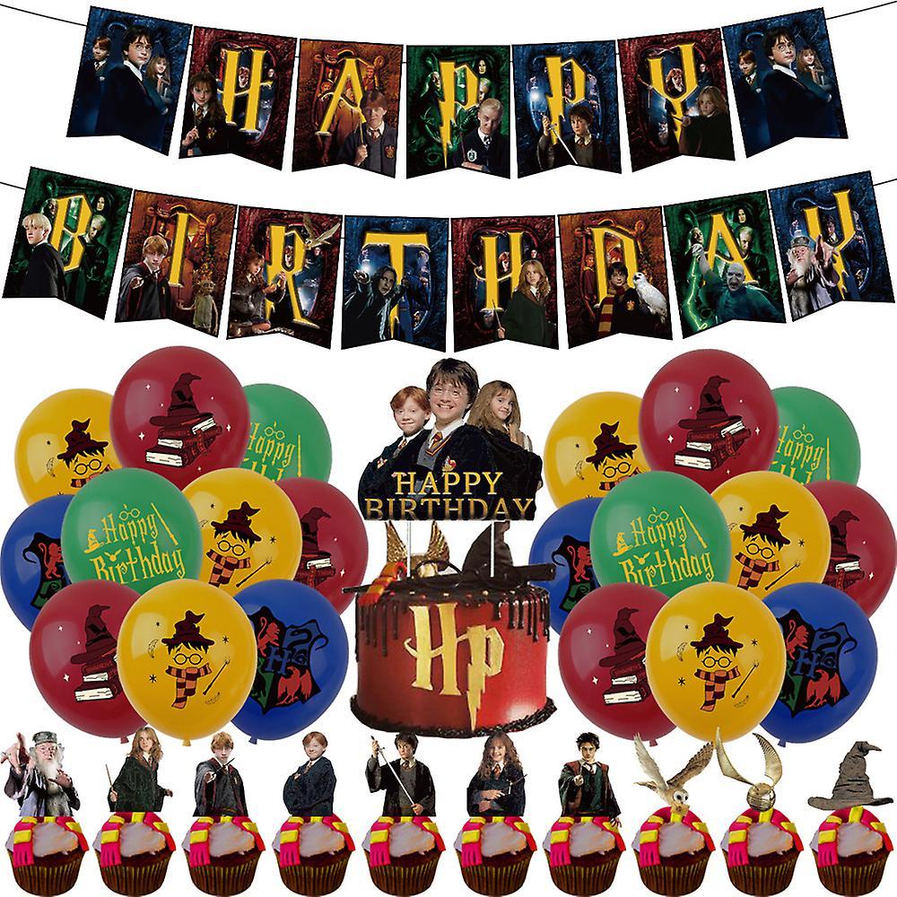 Vicbuy Harry Potter Theme Birthday Decoration Set Contains Happy Birthday Banner Balloons Set Cake Cupcake Toppers, Magic Wizard Party Supplies For...