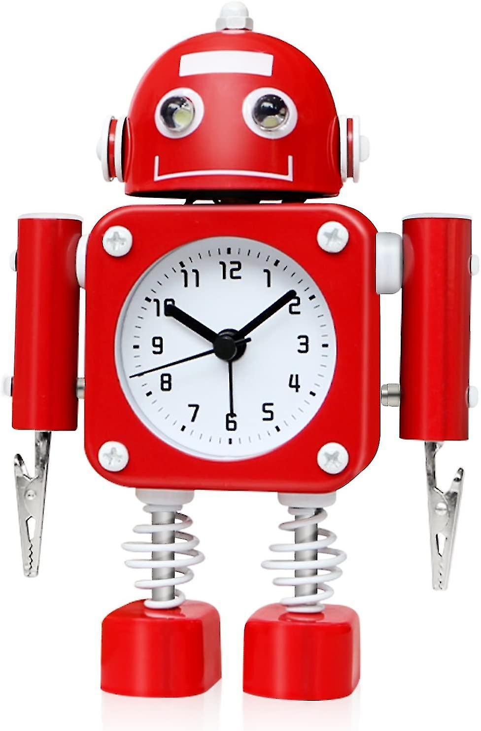 Wekity Robot Alarm Clock Stainless Metal - Wake-up Clock With Flashing Eye Lights And Hand Clip(ruby Red)