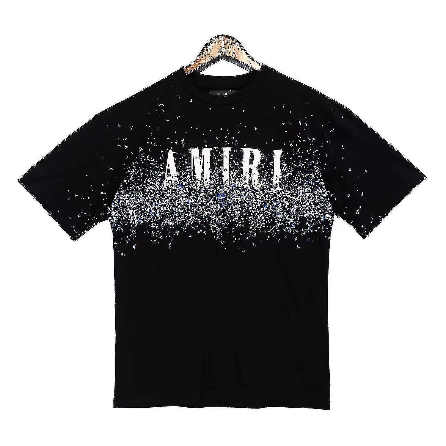 Mingerda Amiri European And American Tide Brand Star-sprayed Letters Short-sleeved Casual Loose Men"s And Women"s Same Cotton T-shirt black