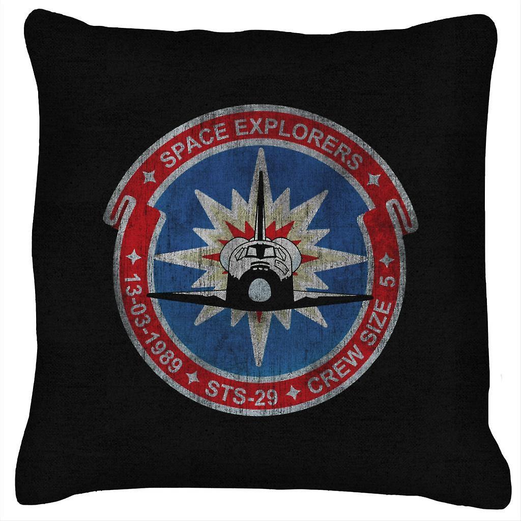 NASA STS 29 Discovery Mission Badge Distressed Cushion Black 40 x 40cm