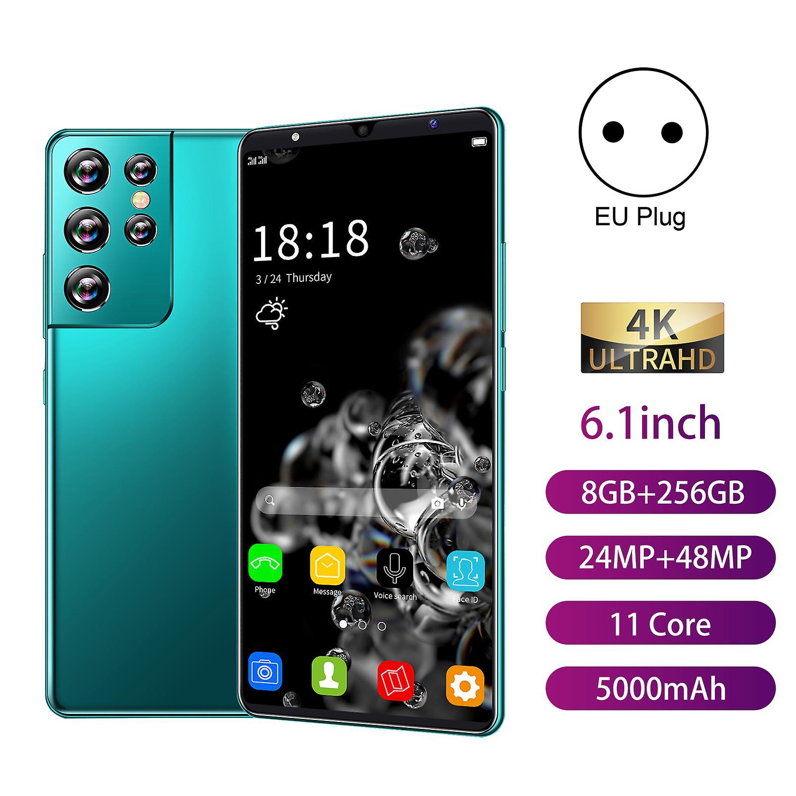 Fairnull S21 Ultra Smartphone 5G Auto Focus 6.1inch Large High Clarity Full Screen Phone Green EU Plug,8GB+256GB