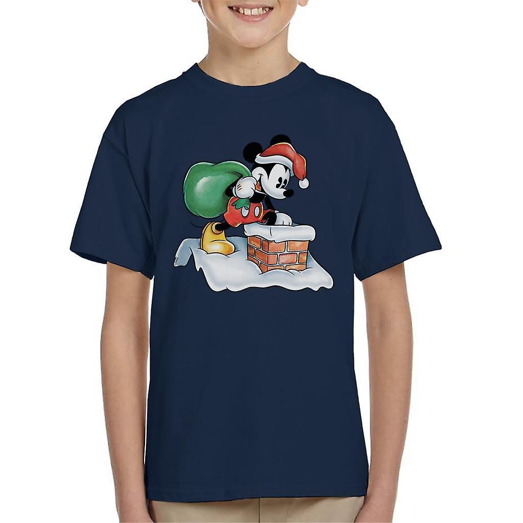 Disney Christmas Mickey Mouse Approaching Chimney Kid's T-Shirt Navy Blue X-Small (3-4 yrs)