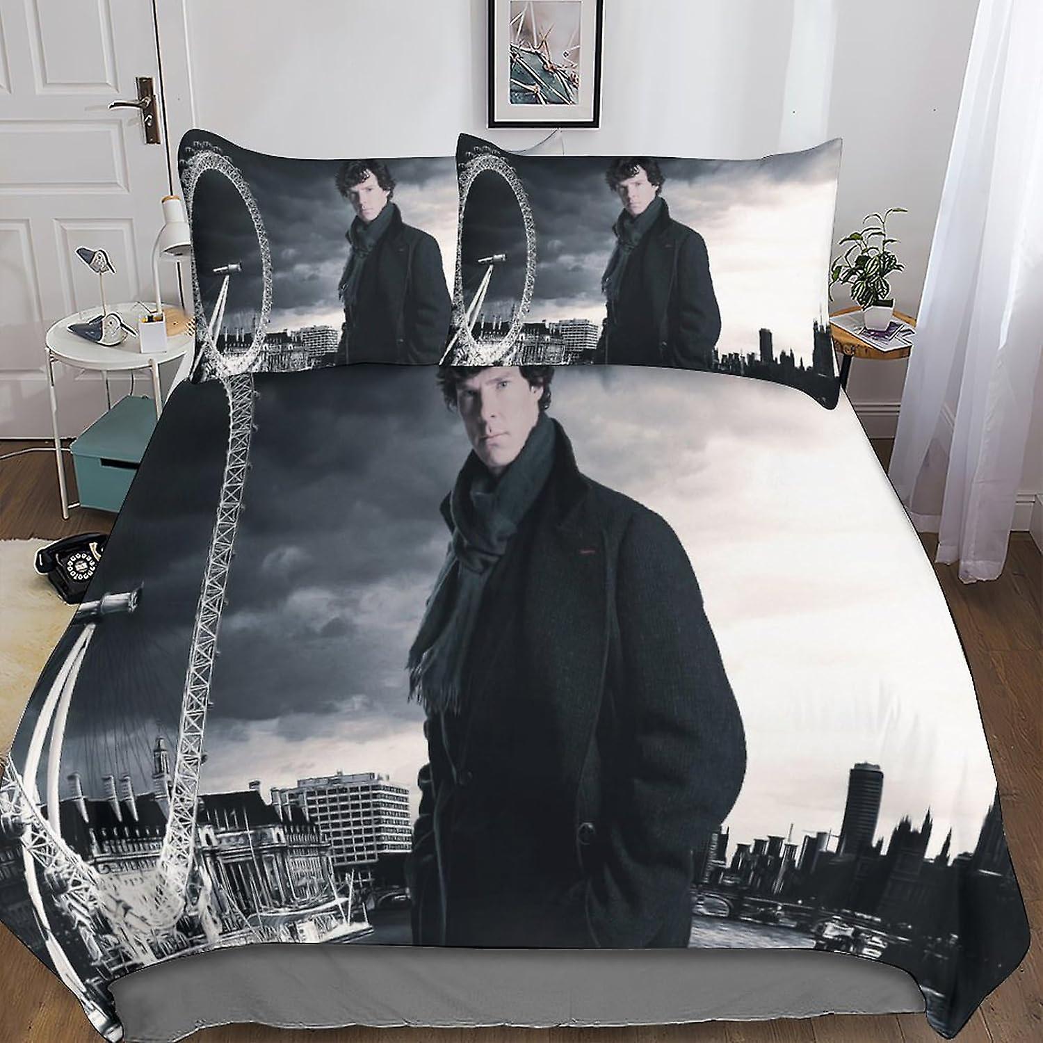 Kerota 3D Sherlock Holmes Bedding Set Microfiber Duvet Covers 3 Pcs Duvet Cover Set with Zipper Closure Adults Pillowcases Single135x200cm