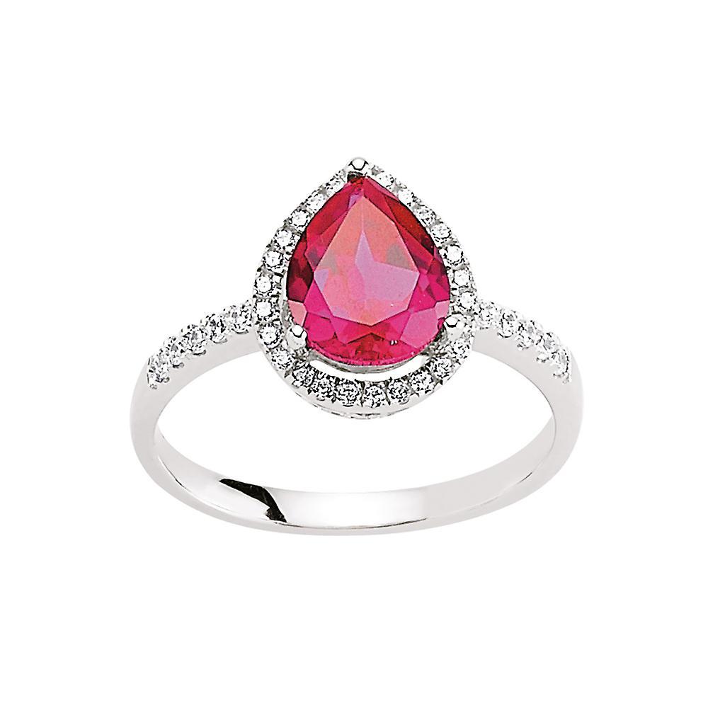 Silver Red Pear CZ Halo Engagement Ring - GVR551