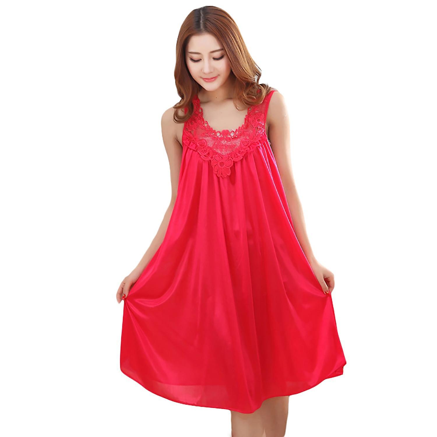 Merryso Women's Summer Fashion Sexy Sleeveless Loose Breathable Sleepwear Nightdress Red