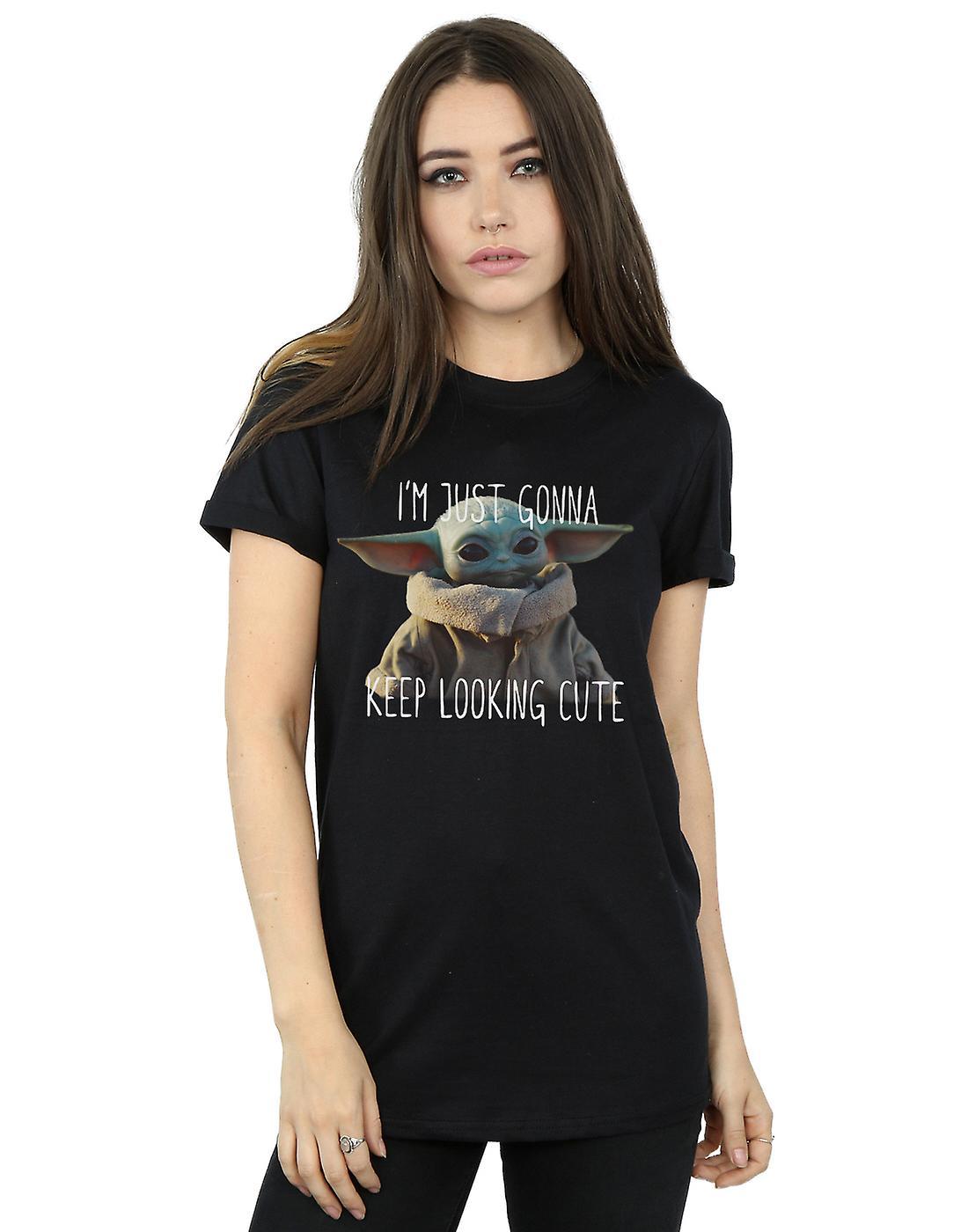 Absolute Cult Star Wars Women's The Mandalorian Keep Looking Cute Boyfriend Fit T-Shirt Sport Grey Large