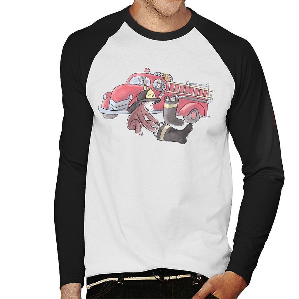 Curious George Balloon Fire Department Truck Men's Baseball Long Sleeved T-Shirt White/Black X-Large