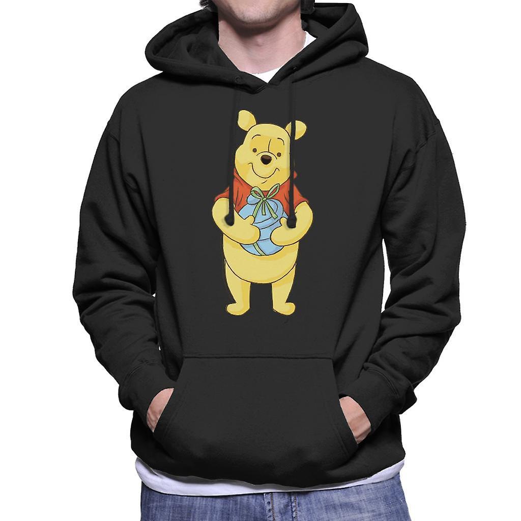 Disney Christmas Winnie The Pooh Holding Honey Pot Men's Hooded Sweatshirt Black Medium