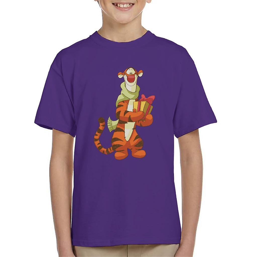 Disney Christmas Tigger Holding Present Kid's T-Shirt Purple X-Small (3-4 yrs)