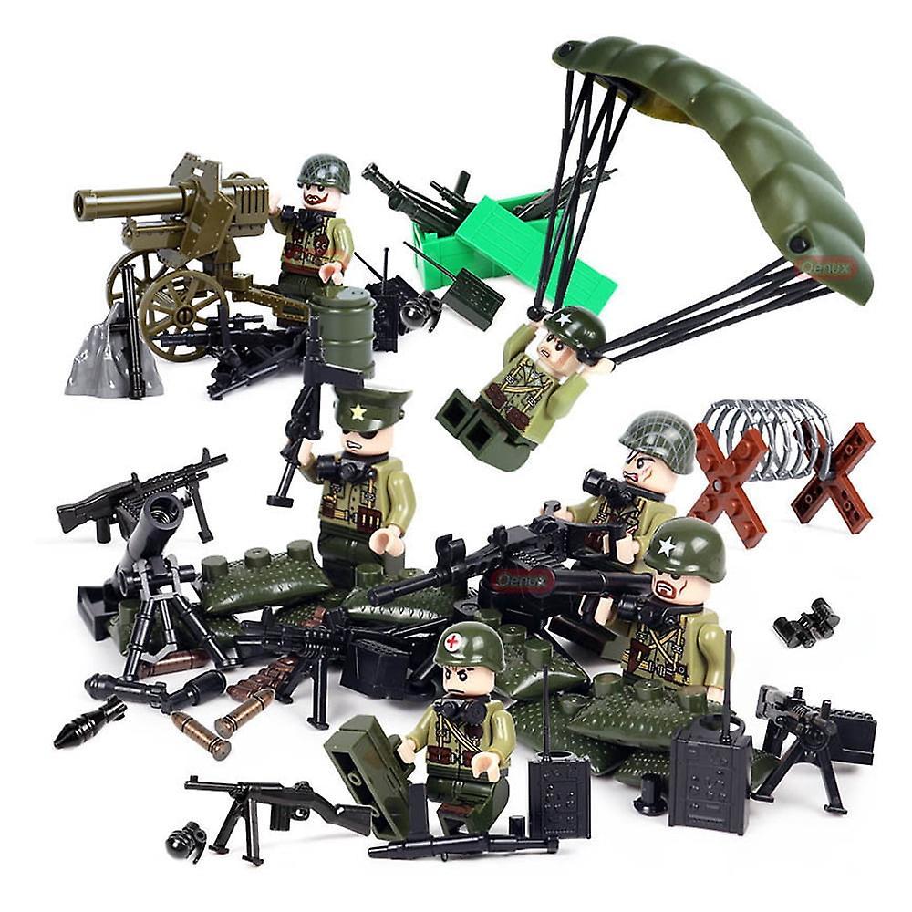 YM Studio WW2 American Army Minifigures 6 Soldiers WWII With Multiple Equipment Parachute Building Blocks Toy Set