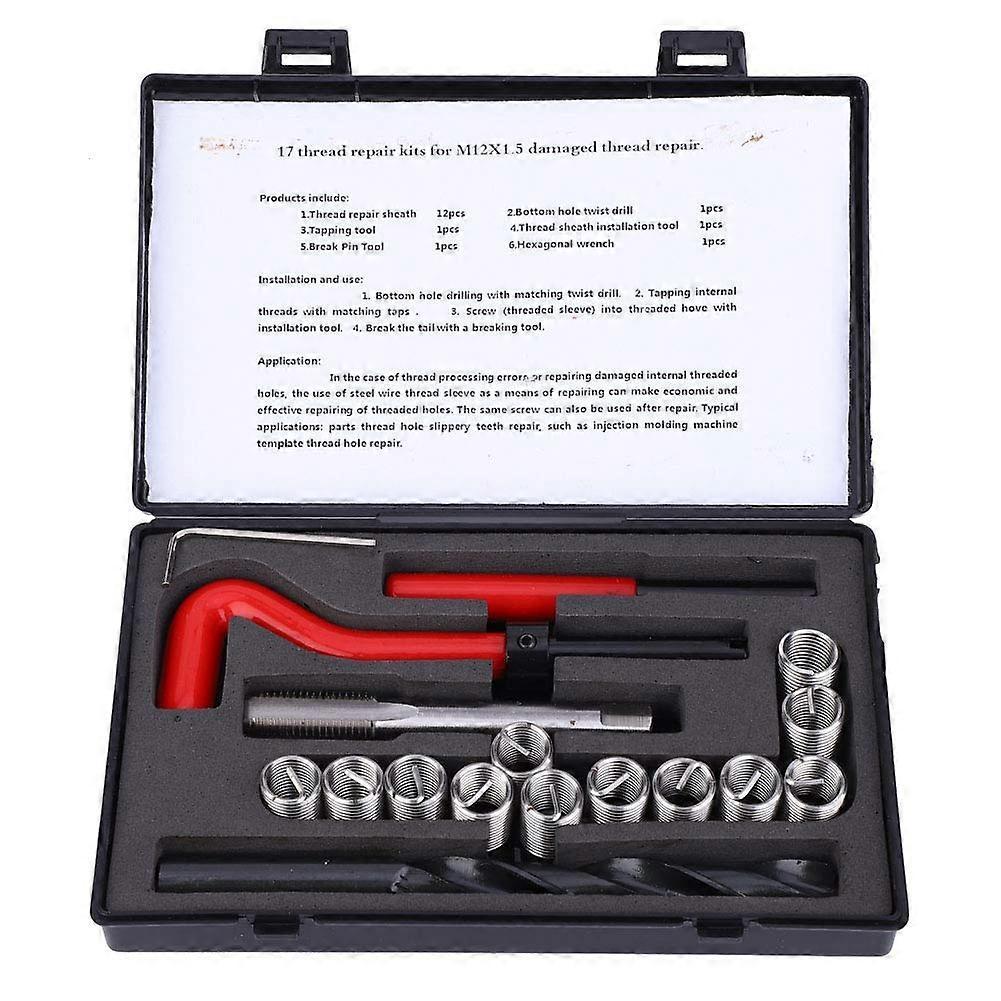 Moselota M12 x 1.5mm Thread Repair kit, Stainless Steel Drill Helicoil Repair Kit, 17Pcs Thread Repair Kit, Threaded Inserts Installation Tool for ...