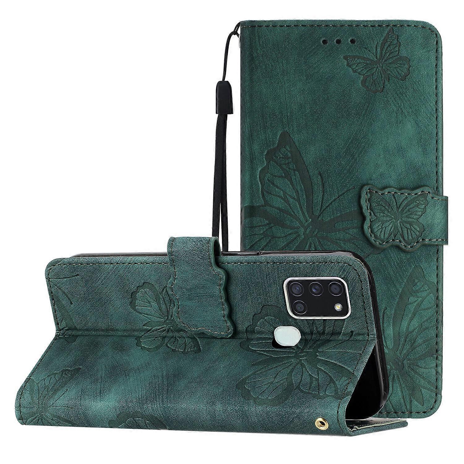 Gangxun Case for Samsung Galaxy A21S Flip Folio Cover with Butterfly Embossed PU Leather Kickstand Compatible with Samsung Galaxy A21S Case Green