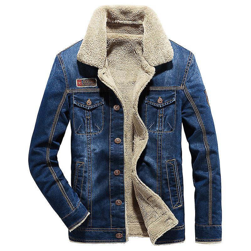 Le Contente Men Winter Denim Jacket Slim Fit Fleece Casual Coat Lapel Thick Warm Outwear Blue L