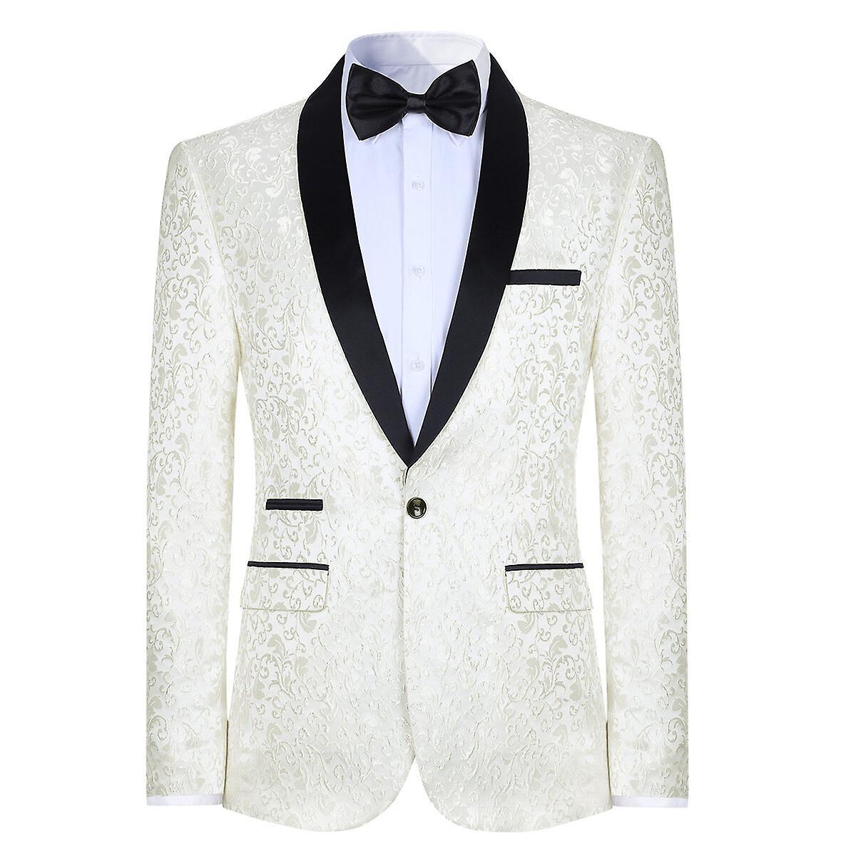 YOUTHUP Mens Formal Dress Blazer Slim Fit 1 Button Shawl Collar Printed Casual Suit Jacket White M