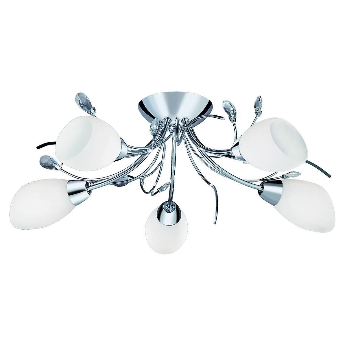 Searchlight Lighting Gardenia 5 Light Multi Arm Ceiling Semi Flush Light Chrome, Crystal and Opal Glass, E14