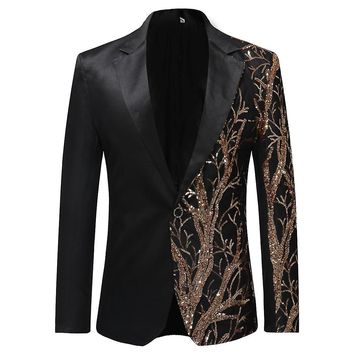 Allthemen Mens Slim Fit Sequin Tree Spliced Banquet Party Blazer golden XL