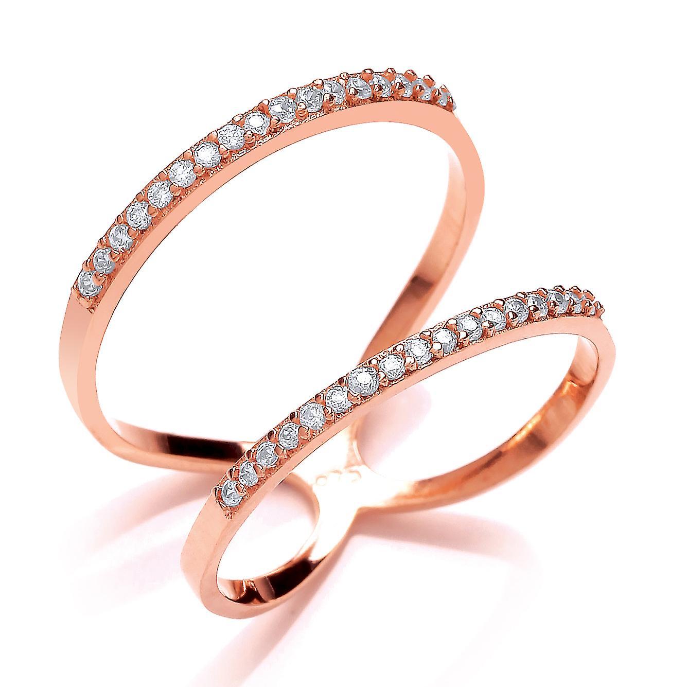 Jewelco London Rose Gold-Plated Sterling Silver Cubic Zirconia Double Bar Ring White L