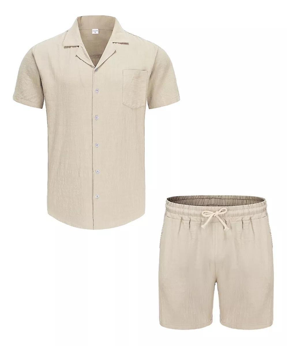 Gemdeck Men's 2 Pieces Linen Shirt Sets Summer Beach Outfits Khaki M