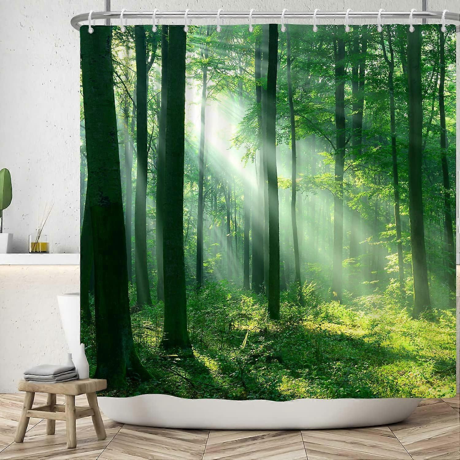 Elrachen 180x180cm Forest Shower Curtain Morning Forest Sunlight Bathroom Curtain 3D Printing Forest Landscape Natural Shower Curtain Green Forest ...