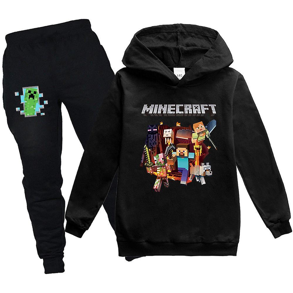 Besser Minecraft Print Kids Tracksuit Set Boys Girls Casual Hooded Sweatshirt Jogger Pants Outfit Activewear Sportswear Black 11-12 Years