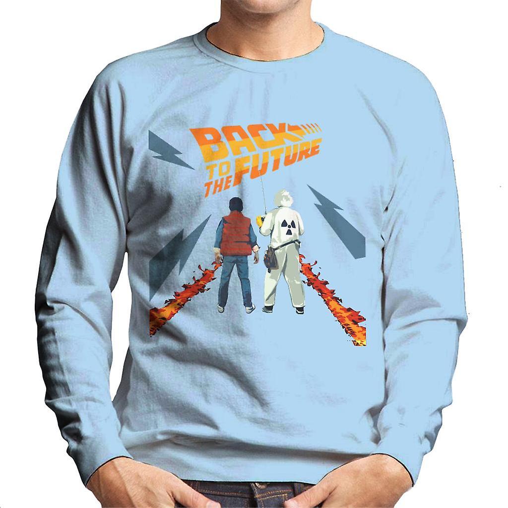 Back to the Future Delorean Fire Trail Marty And Doc Men's Sweatshirt Sky Blue Large