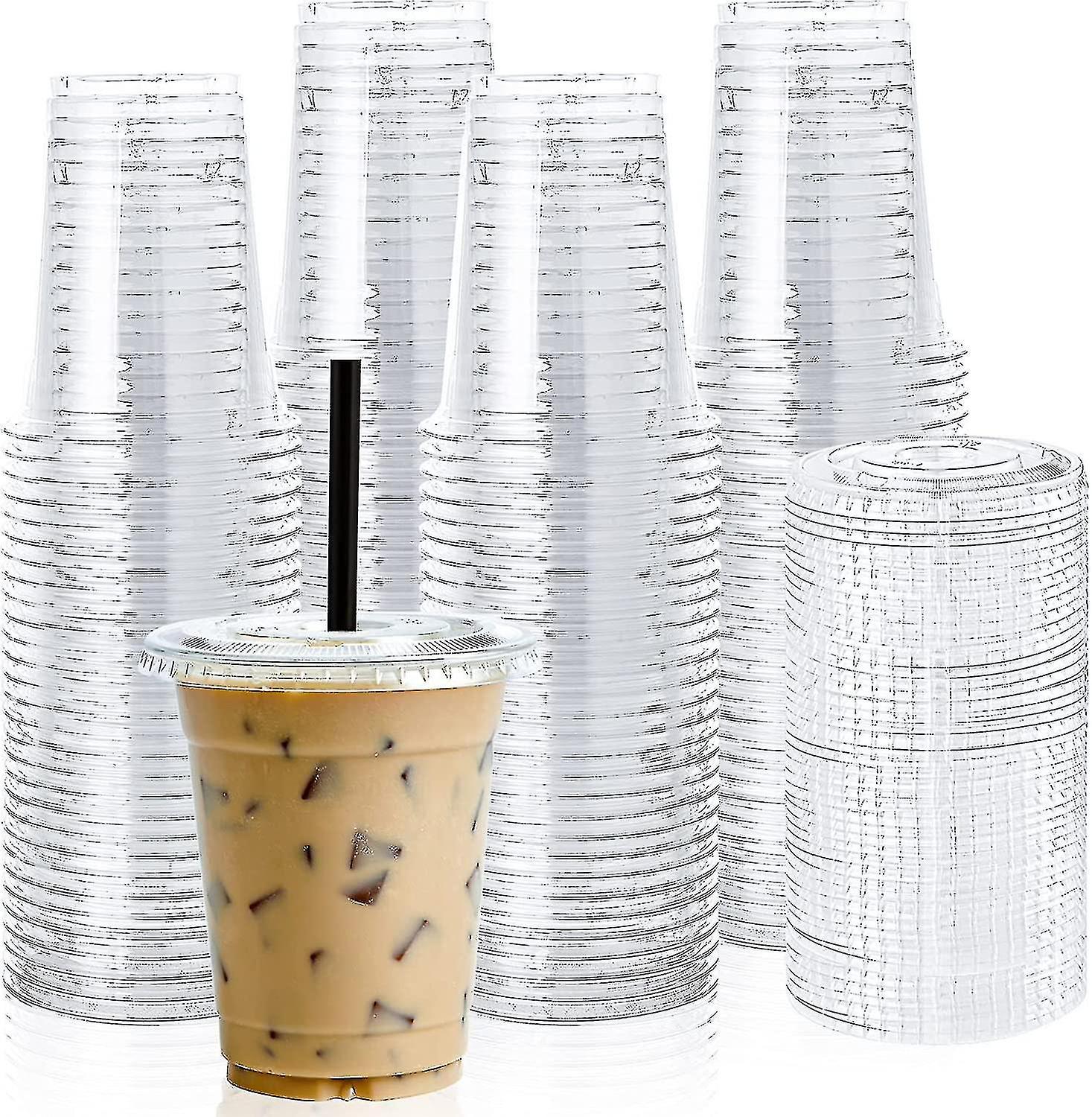 TIB Huamade [100 Sets] 12oz Clear Plastic Cups With Flat Lids, Disposable Drinking Cups, 12 Oz Plastic Cups For Ice Coffee, Smoothie, Slurpee, Or A...