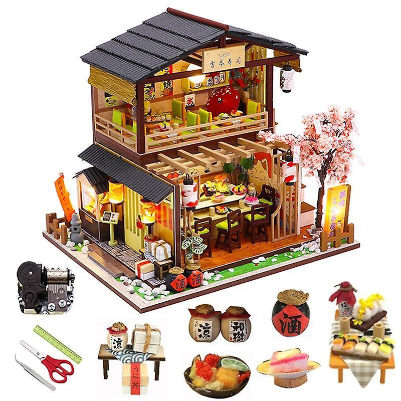 mickcara Diy Dollhouse Kit Miniature Building Wooden House Model Japanese-style Sushi Shop Kids Toys Adult Gift Big Doll House Furniture House-u