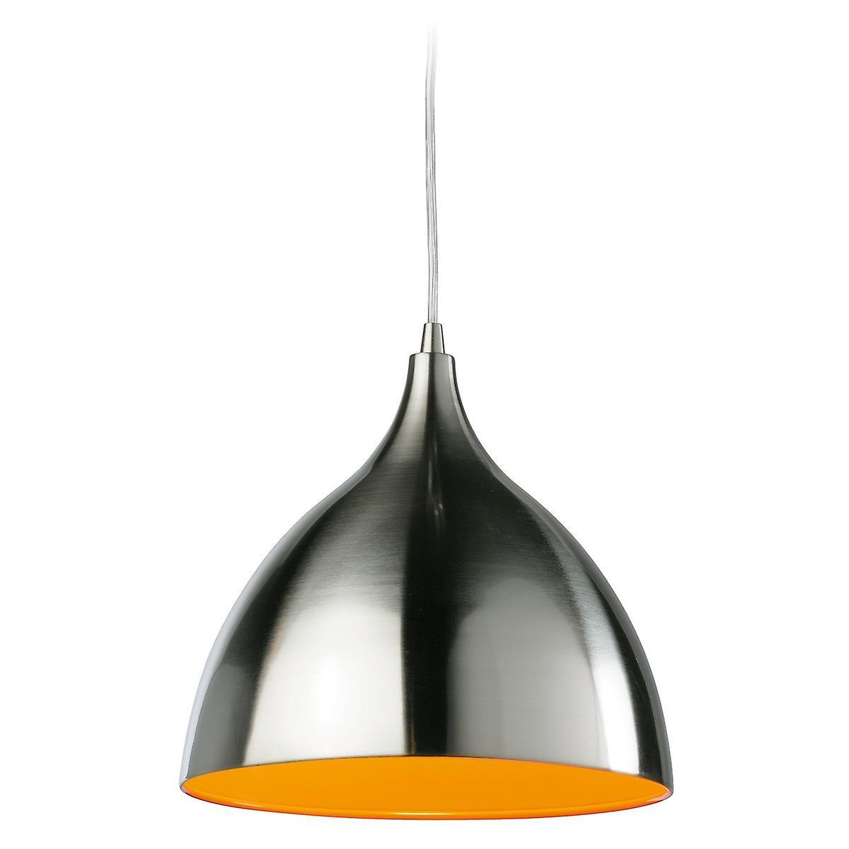 Firstlight Lighting Caf 1 Light Dome Ceiling Pendant Brushed Steel, Orange Inside, E27