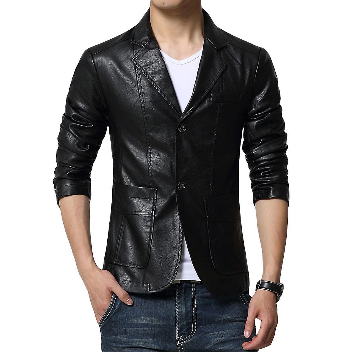 Allthemen Mens Casual Solid Color Lapel Slim Fit Leather Jacket Black M