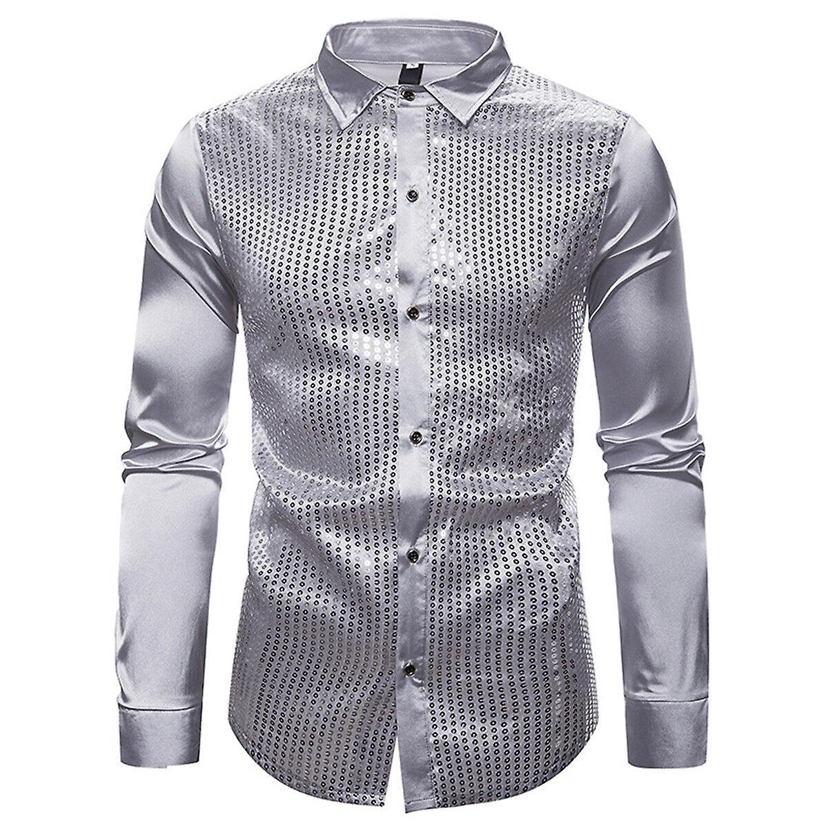 Allthemen Mens Sequins Casual Long Sleeve Shirt White XL